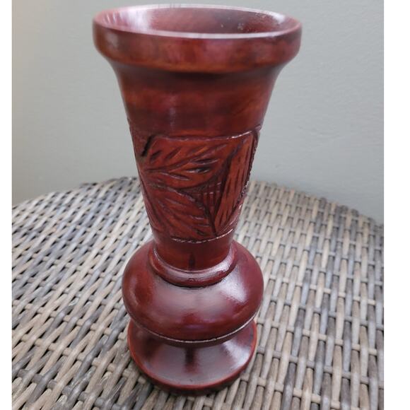 Vintage Hand Carved Wood Vase 9.5" Tall Red Brown Urn Rustic Folk Art Decor - Picture 1 of 6